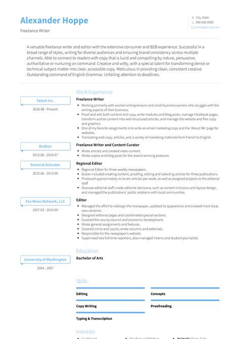 Check spelling or type a new query. Freelance Writer - Resume Samples and Templates | VisualCV