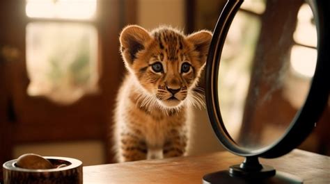 Premium Photo Kitten Looking At Round Mirror On Table Male Lion Inside Mirror Close Up
