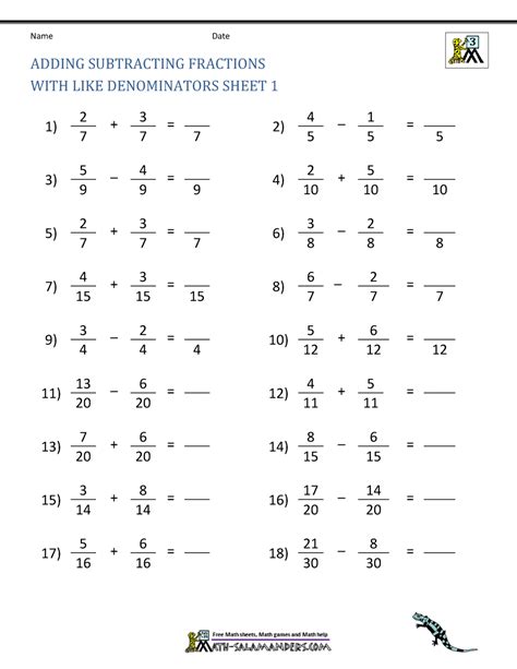Adding Fractions With Like Denominators Worksheet