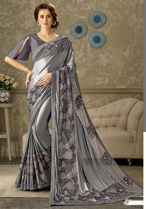 Grey Embroidered Lycra Saree With Blouse Fashion Hut 2908932 Party Wear Sarees Party Wear
