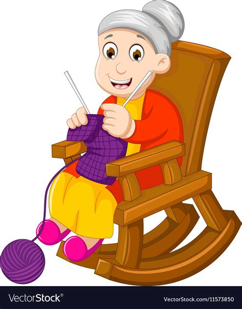 Funny Grandmother Cartoon Knitting In A Rocking Ch