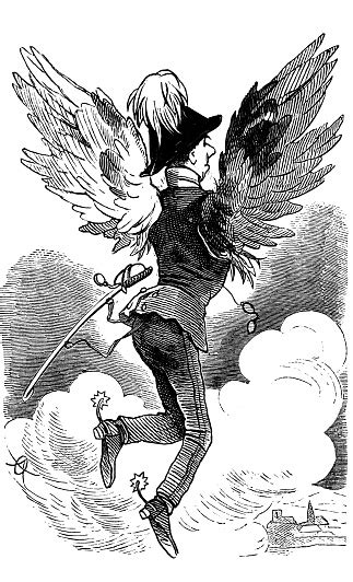 구름을 통해 비행 하는 천사의 날개와 유니폼에 헌병 책임자 해 학적인 장면그림 1867 1860 1869 년에 대한 스톡 벡터 아트 및 기타 이미지 1860 1869 년