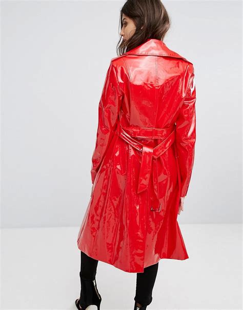 Prettylittlething Vinyl Trench Coat In Red Lyst