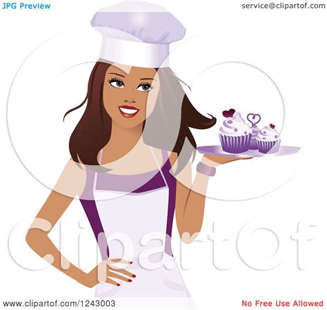 Clipart Of A Beautiful Brunette Female Baker Holding A Tray Of Purple Cupcakes Royalty Free