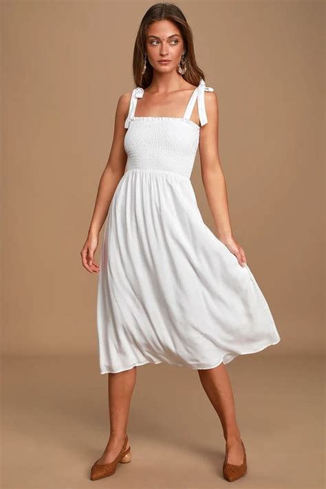 Looking Up White Smocked Tie Strap Midi Dress Casual White Dress