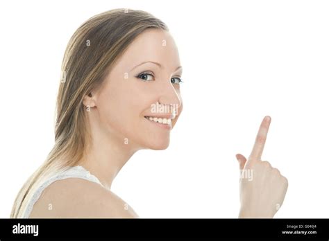 Bright Picture Of Attractive Woman Pointing Her Finger Stock Photo Alamy