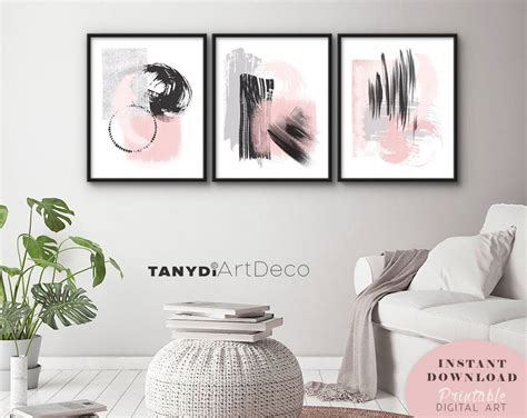 Blush Gray Pink Black Abstract Paintings Set Of 3 Vertical 16x20