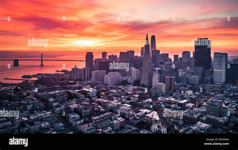 San Francisco Skyline With Colorful And Dramatic Sunrise Stock Photo