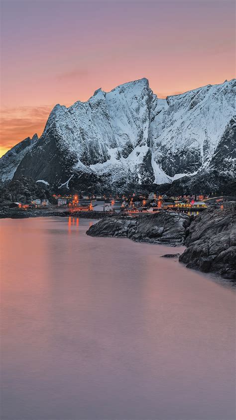 Snowcapped Mountains At Sunset Lofoten Flakstad Nordland Norway