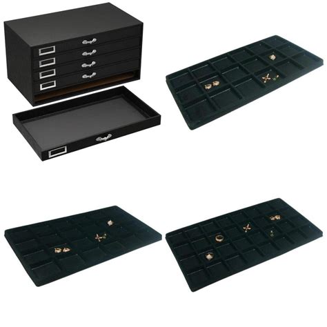 Black 5 Drawer Jewelry Storage Organizer Case With 5 Black Gem Jar Slot