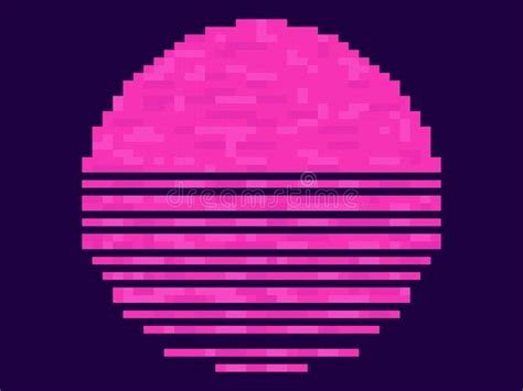 Retro Sunset 80s In Pixel Art Style 8 Bit Pink Sun Synthwave And