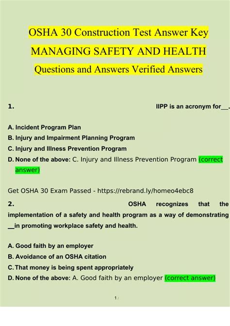 Osha 30 Construction Test Answer Key Managing Safety And Health