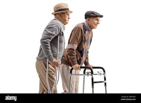 Elderly Men Walking With Crutches And A Walker Isolated On White