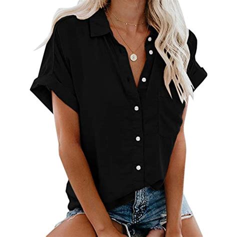 Womens Short Sleeve Shirt Collared Button Down Top With Pocket Black