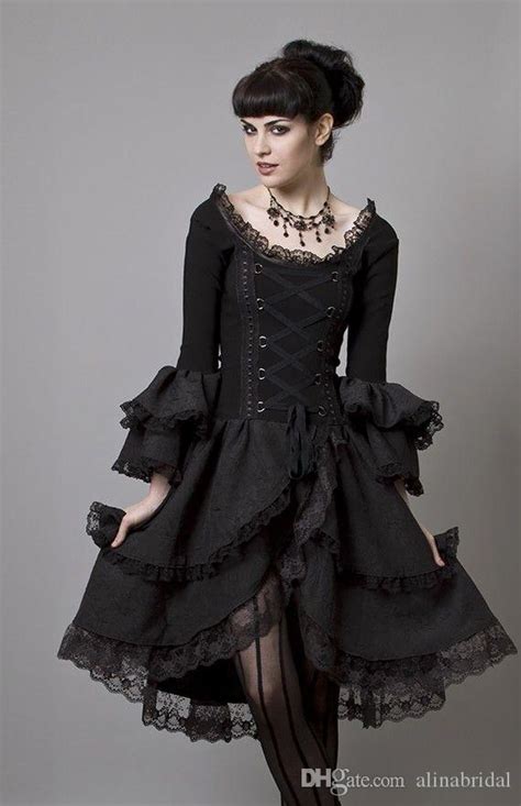 Long Sleeve Gothic Black Evening Dress A Line Hi Lo Sexy Vintange Prom