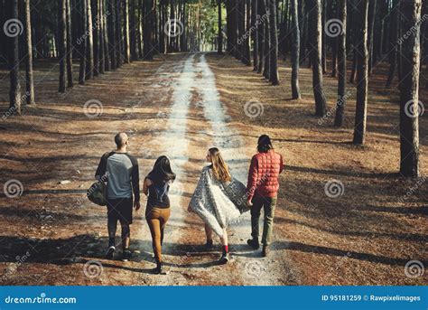 Friends Traveling Together In The Forest Stock Image Image Of Culture