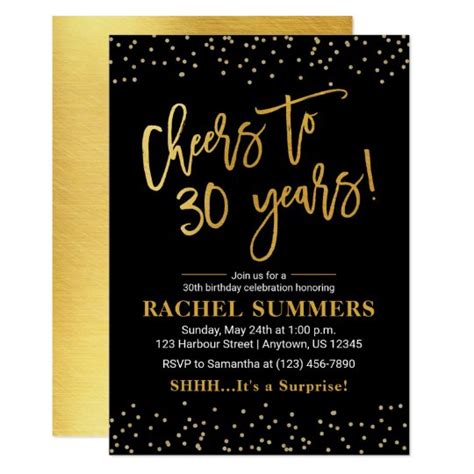 Cheers To 30 Years Black And Gold Adult Birthday Invitation