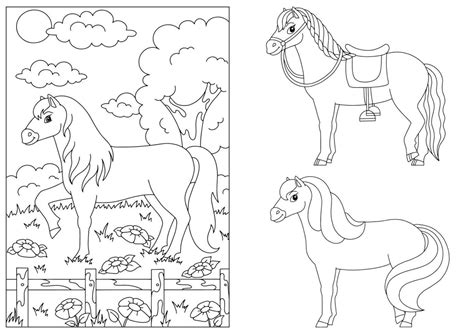 Cute Horse Farm Animal Coloring Book Page For Kids Cartoon Style