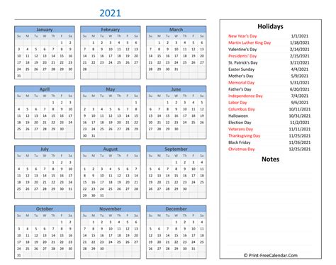 Printable 2021 Yearly Calendar With Holidays Holiday Words Holiday