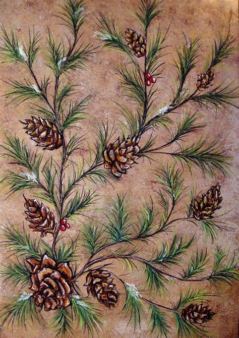 Acrylic Painting Pine Cones And Spruce Branches By Nancy Mueller
