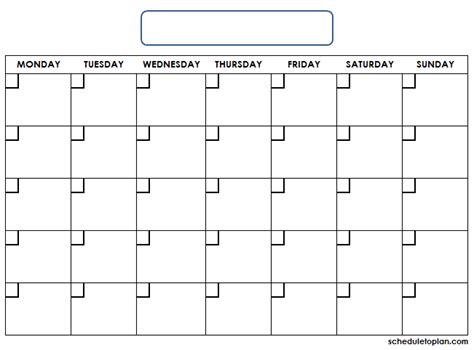 Empty Monday Through Sunday Schedule Free Calendar Template