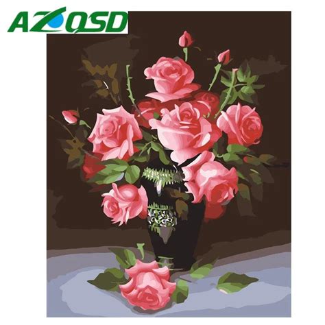Azqsd Painting By Numbers Frameless 40x50cm Rose Red Flowers Oil