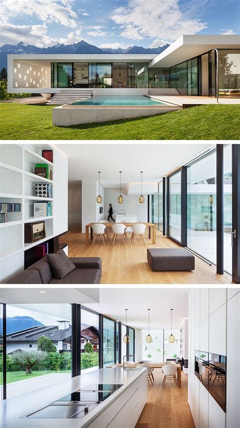 Four Different Views Of A Modern House From The Outside Inside And Out