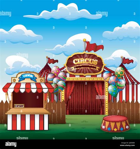 Ticket Booth On The Entrance Of A Cartoon Circus With Tents Stock