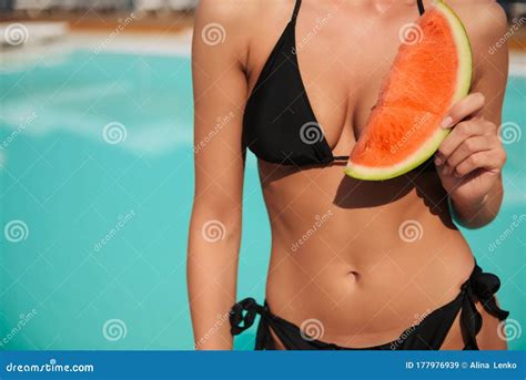 Girl Hands Holding Red Watermelon Cover Her Breast Model With Perfect