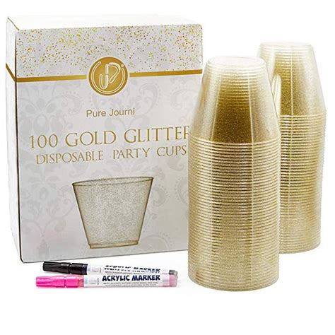 Pure Journi Fancy Plastic Party Cups 9 Oz 100 Gold Glitter Cups For