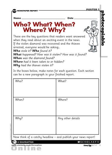 When writing the said report in the newspaper, it is essential that your report must be able to answer these following questions: Who? What? When? Where? Why? - newspaper reports - Primary ...