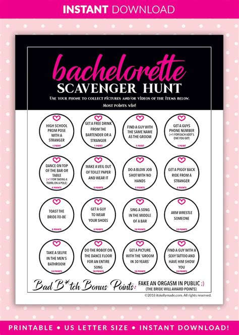 bachelorette party scavenger hunt instant download printable game hen party games pink