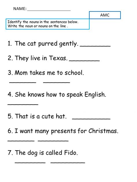 nouns identify nouns in a sentence worksheet