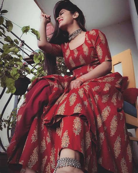 Red Anarkali With Golden Print Photography Poses Women Photoshoot Poses Stylish Photo Pose