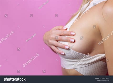 Sexy Woman Bandaged Breasts Marks After Stock Photo