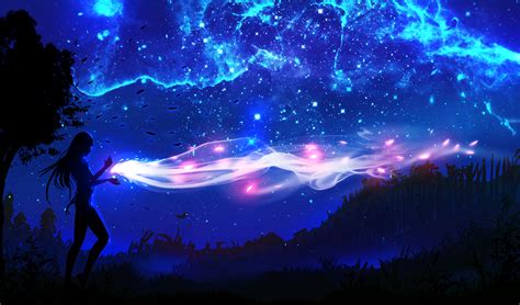 Download 1595x936 Anime Girl Night Magic Leaves Stars Wallpapers