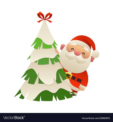 Cute Cartoon Santa Claus Behind Christmas Tree Vector Isolated Download A Free Preview Or High