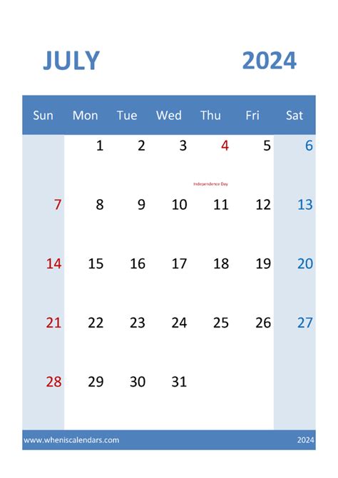 July 2024 Printable Monthly Calendar