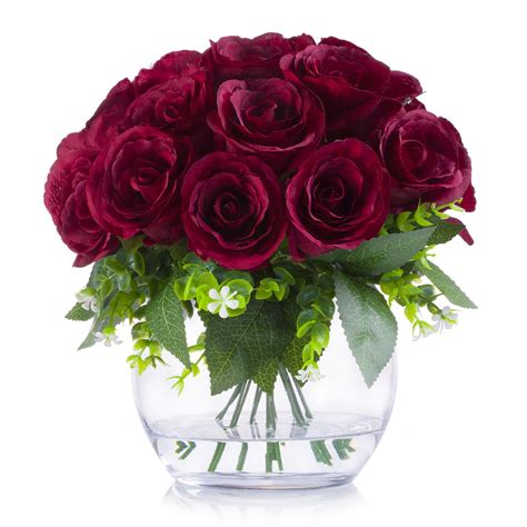 Enova Home Heads Silk Rose Flower Arrangement In Clear Glass Vase