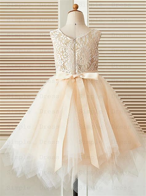 A Line Crew Neck Light Champagne Flower Girl Dress With