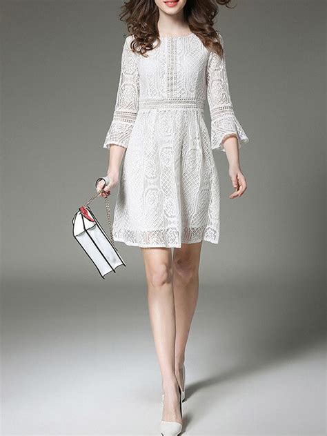 White Bell Sleeve Lace Dress Sheinsheinside