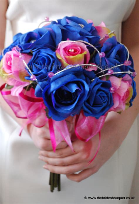 The flowers chosen for these bouquets there are so pretty. Spring Summer Wedding flowers - royal blue and hot pink ...