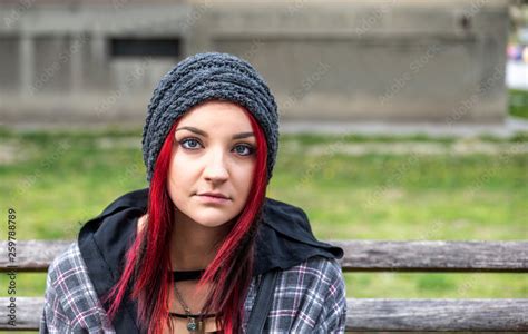 Homeless Girl Young Beautiful Red Hair Girl Sitting Alone Outdoors With Hat And Shirt Feeling