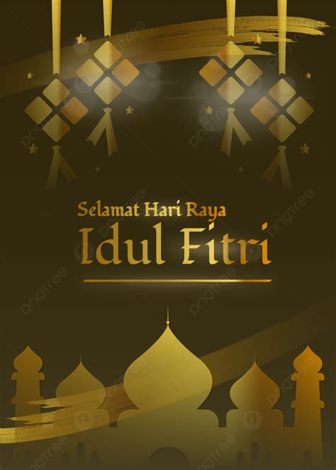 Gold Selamat Hari Raya Idul Fitri With Masjid And Ketupat Background