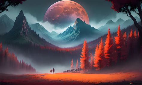 Trees Hills And Red Moon Anime Landscape 8k Wallpaper Download