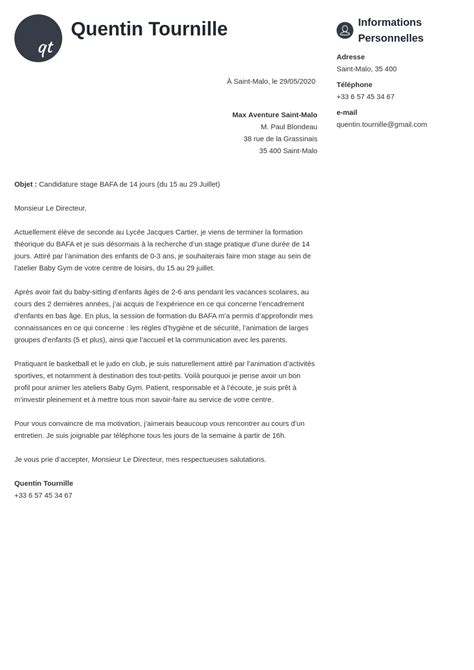 Lettre De Motivation Pour Stage Pratique Bafa  Lettre 234