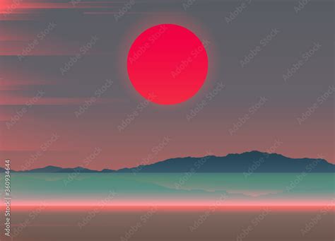 Aesthetic Beach Scene Landscape With Big Red Sunset And Light Leak
