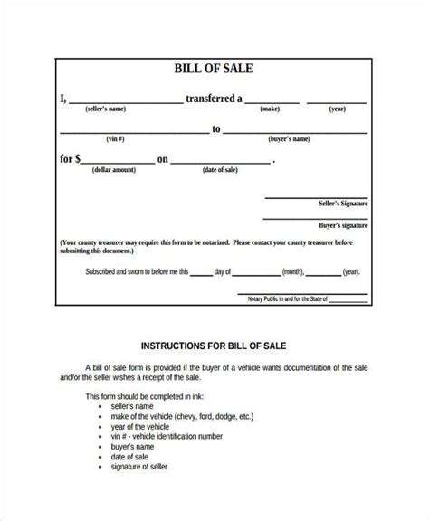 Bill Of Sale Sample Form