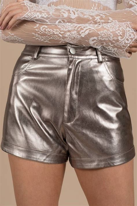 Eno Metallic Faux Leather Shorts In Rose Gold Leather Shorts Plastic