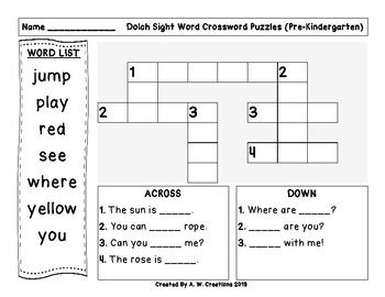For children pangram crossword (1) this one's for the kids. Pre-Primer (Pre-Kindergarten) Dolch Sight Words Crossword ...